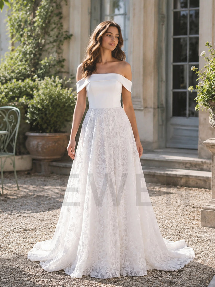 Ivory Off-Shoulder Fitted Corset Floral Lace Wedding Dress