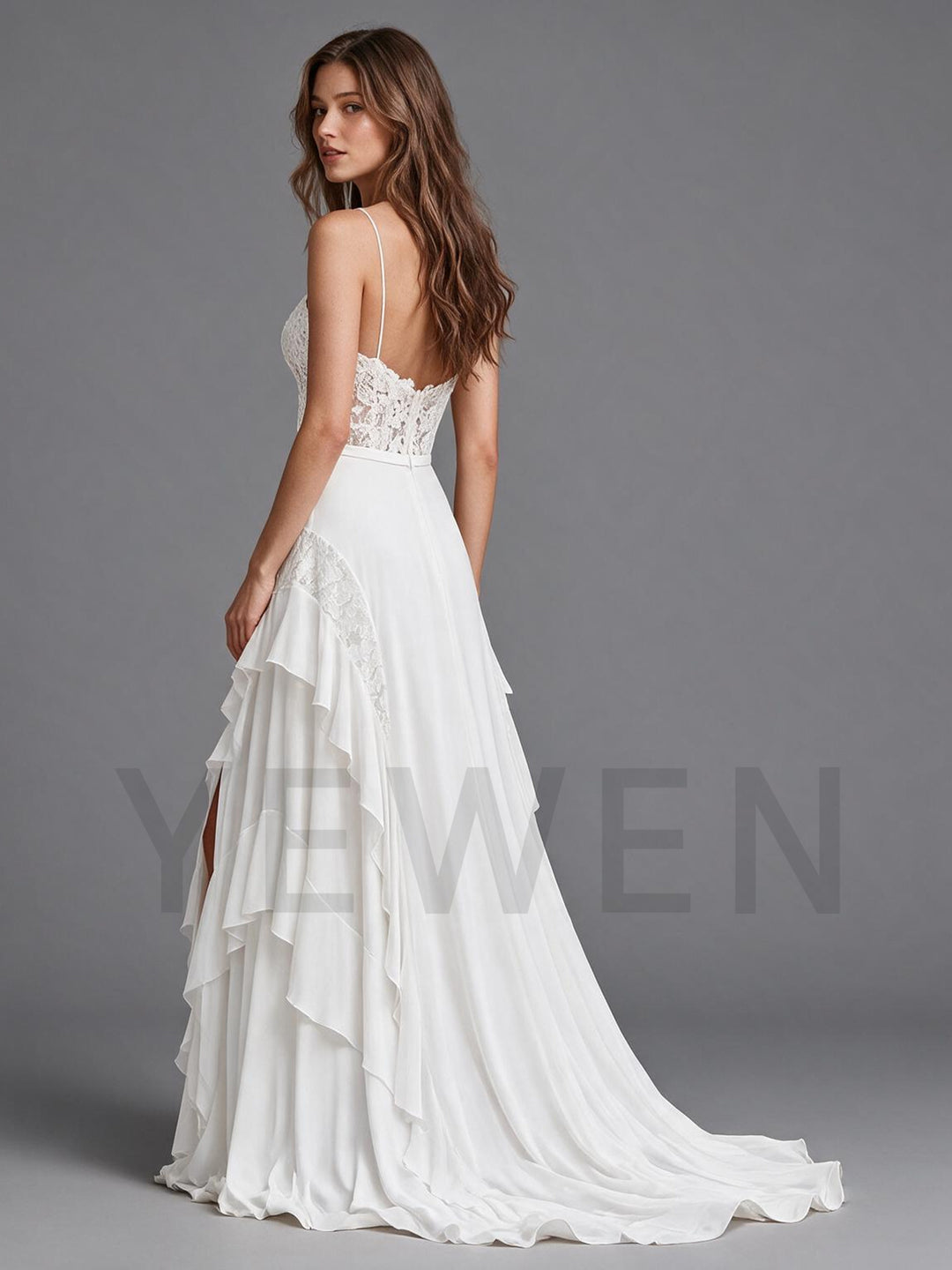 Ivory Spaghetti Strap V-Neck Sheer Lace Corset Boho Wedding Dress