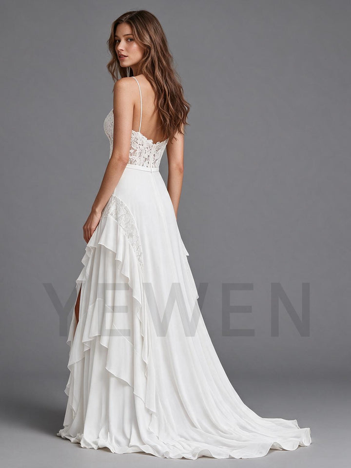 Ivory Spaghetti Strap V-Neck Sheer Lace Corset Boho Wedding Dress