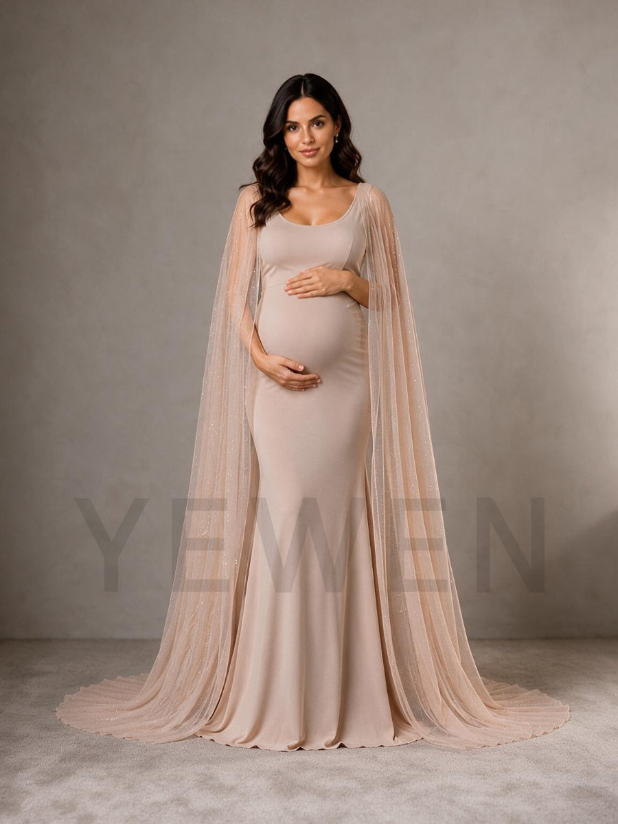 Nude Fitted Mermaid Maternity Baby Shower Dress with Sheer Cape L-26932