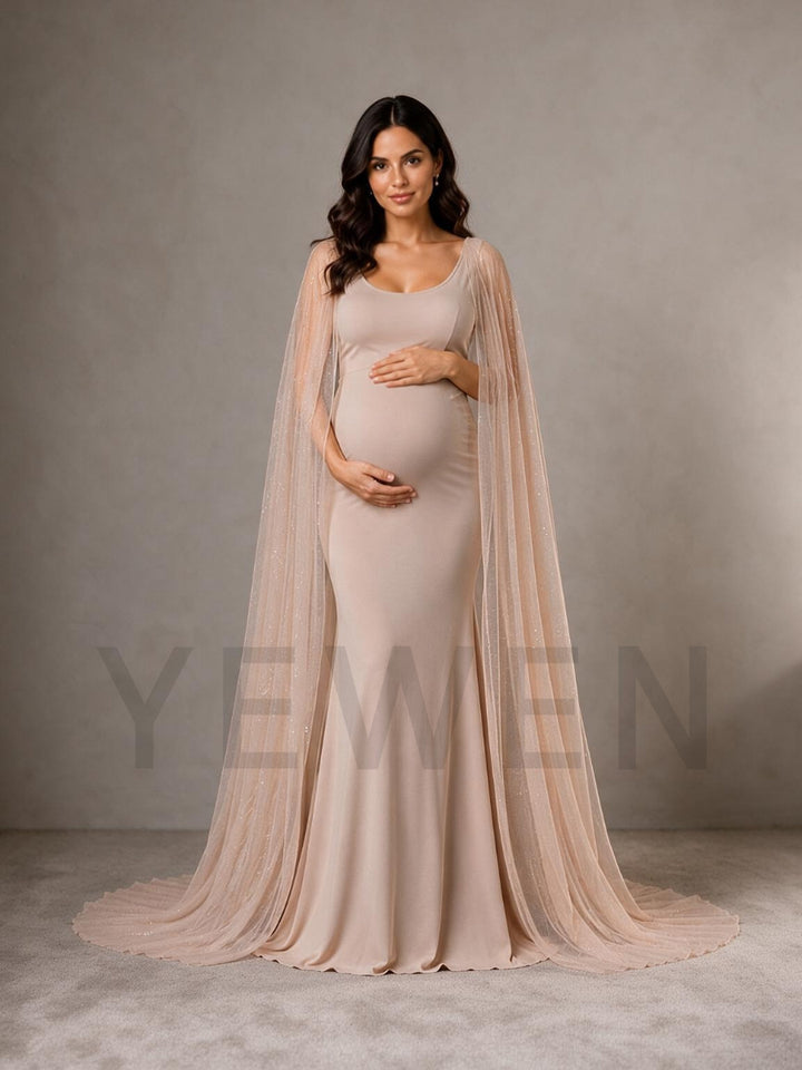 Nude Fitted Mermaid Maternity Baby Shower Dress with Sheer Cape L-26932