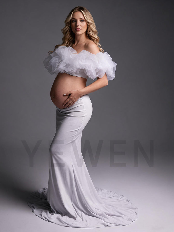 White Two-Piece Ruffle Mermaid Maternity Photoshoot Gown YW2609303