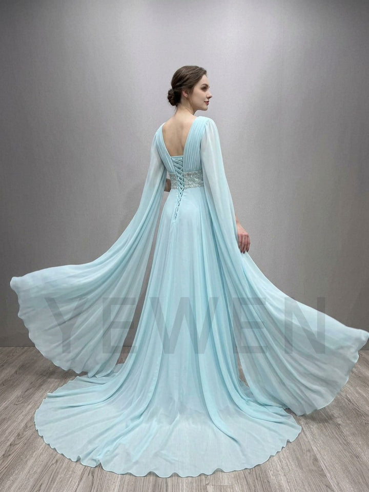 Blue Draped Chiffon Maternity Photoshoot Dress with long train YD260901