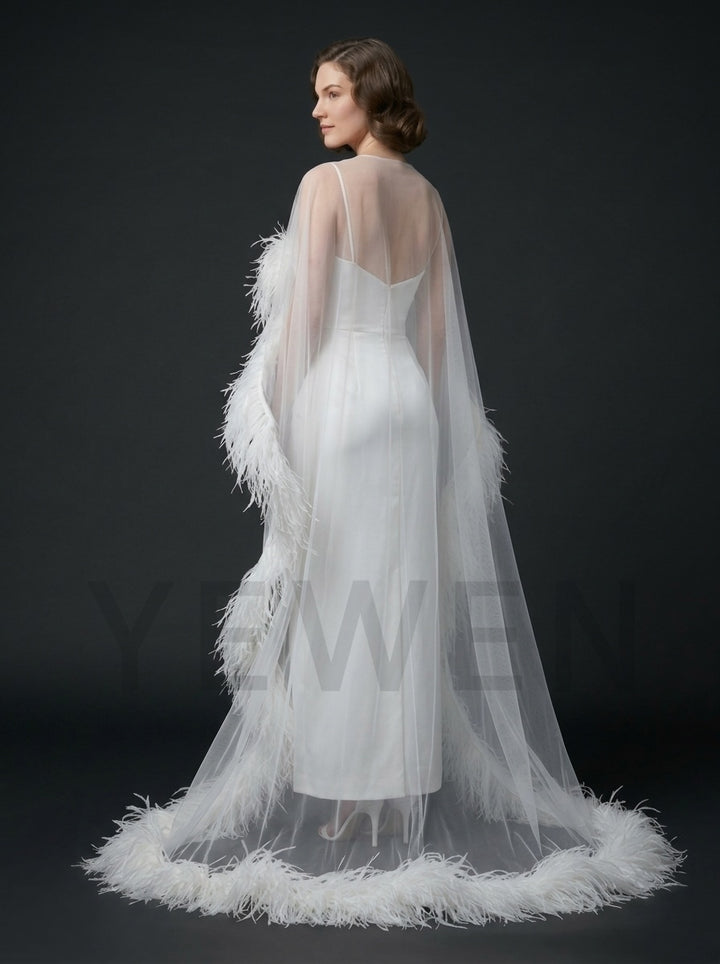 Luxurious Ostrich Feather Sheer Cape Sweetheart Evening Gown YD261011