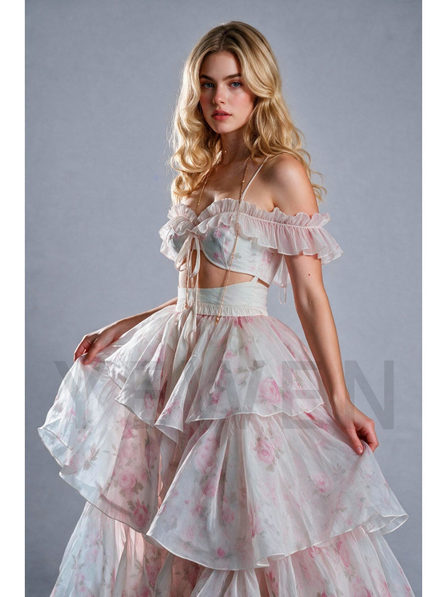 Pink Two-Piece Floral Off-Shoulder Princess Dress with Ruffle Tiered Skirt WT268020