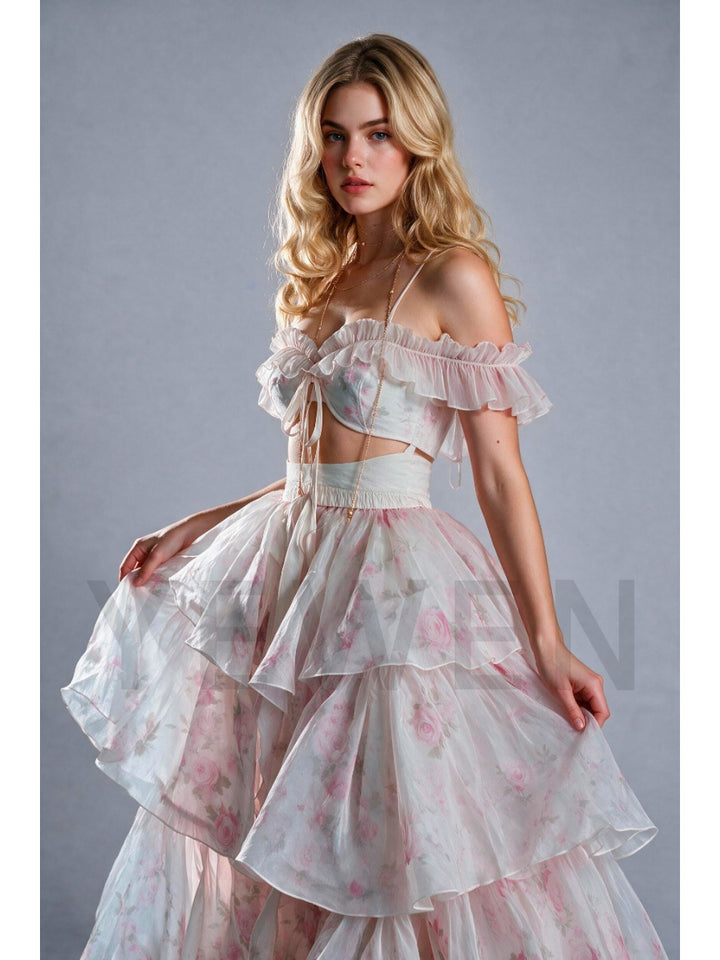 Pink Two-Piece Floral Off-Shoulder Princess Dress with Ruffle Tiered Skirt WT268020