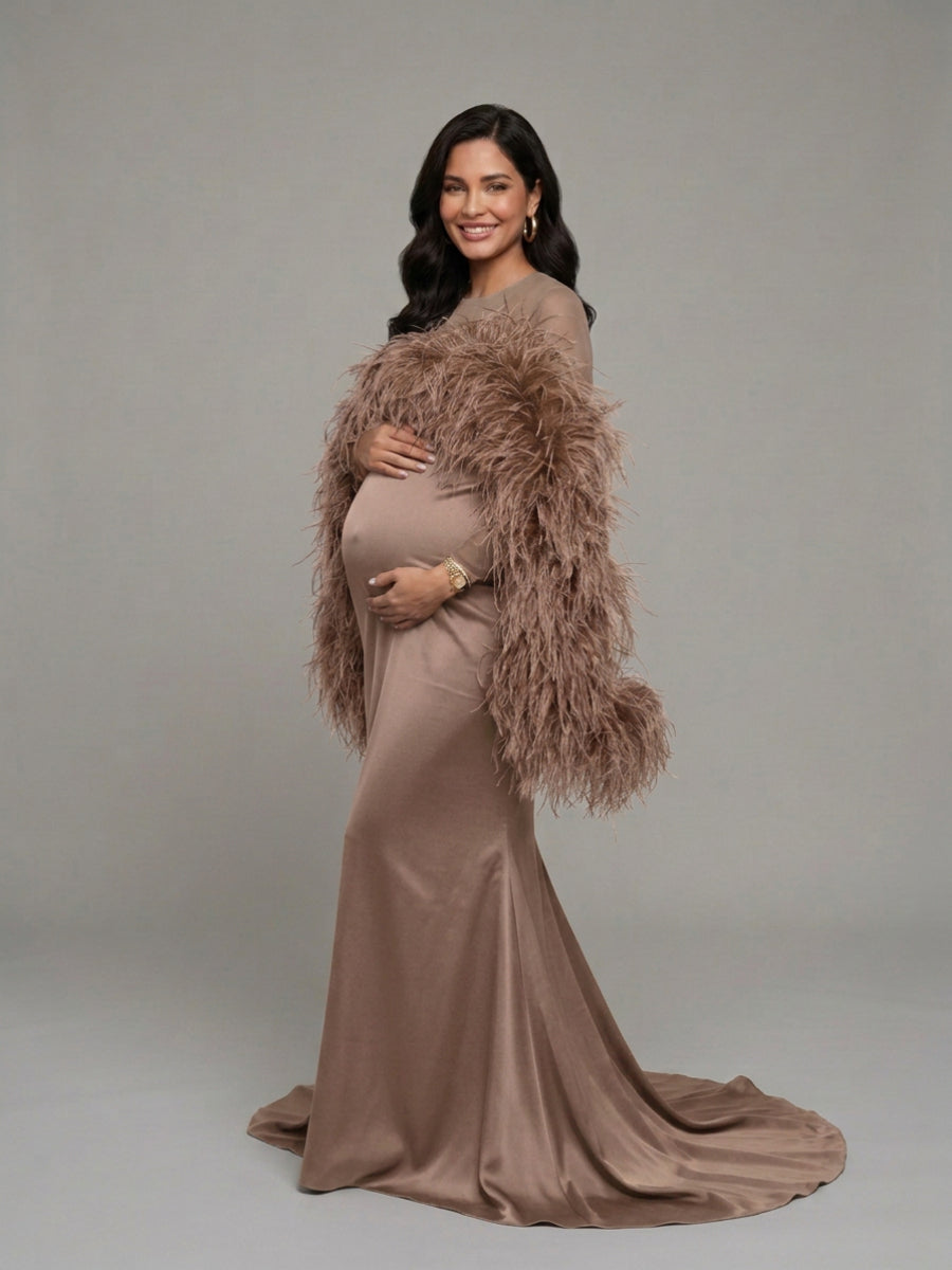Dramatic Ostrich Feather Cape Maternity Baby Shower Dress YD260917