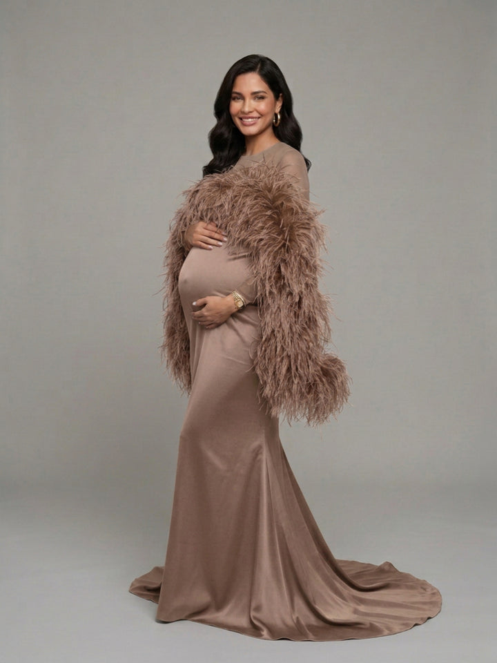 Dramatic Ostrich Feather Cape Maternity Baby Shower Dress YD260917