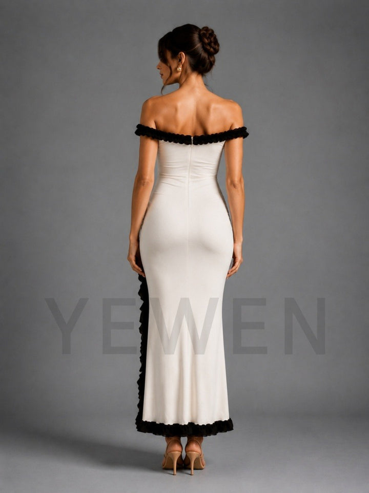 Ivory Off-Shoulder Black Ruffle Trim Maternity Baby Shower Dress L-26925