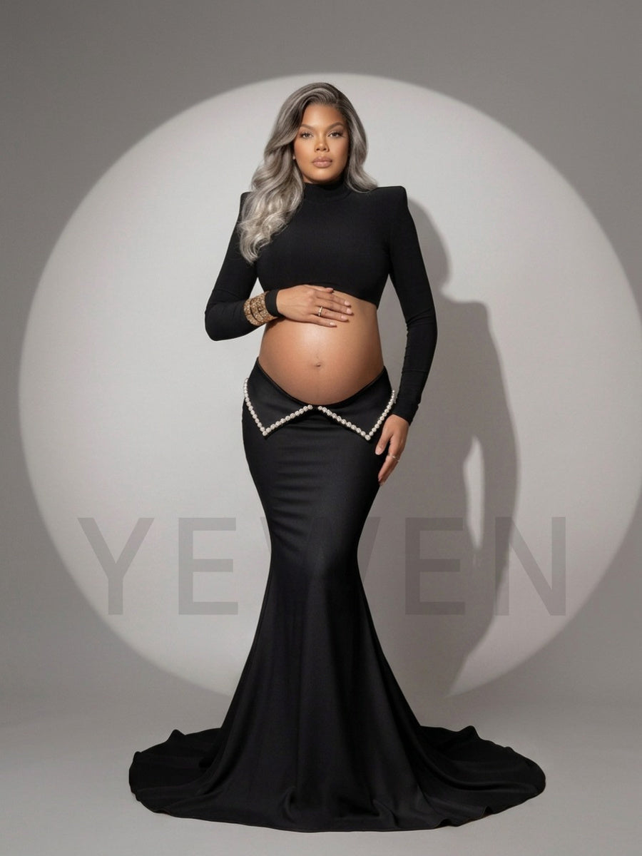 Two-Piece Mock Neck Pearl Trim Maternity Photoshoot Gown YD260931