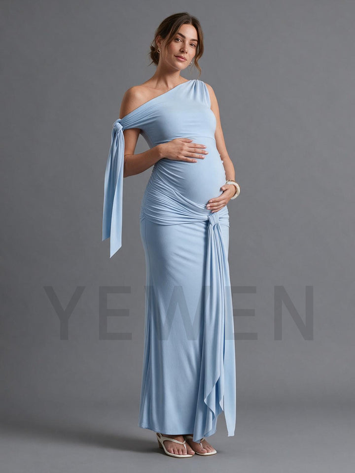 One-Shoulder Fitted Maternity Baby Shower Dress with Oversized Tie Bow