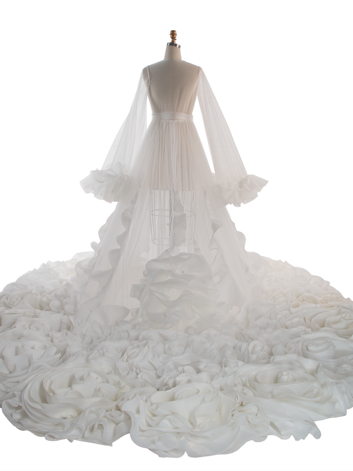Organza Ruffles Wedding Dresses Long Train Photo Shoot Props Bridal Shower Robe YW250027-1