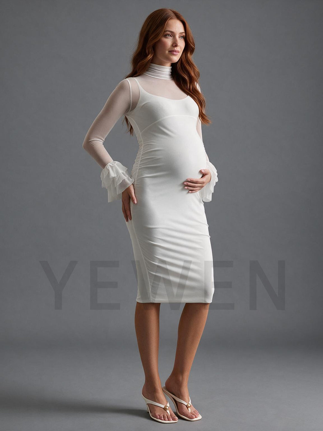 Sheer Mesh Ruffle Sleeve Midi Maternity Dress for Baby Shower YM261013