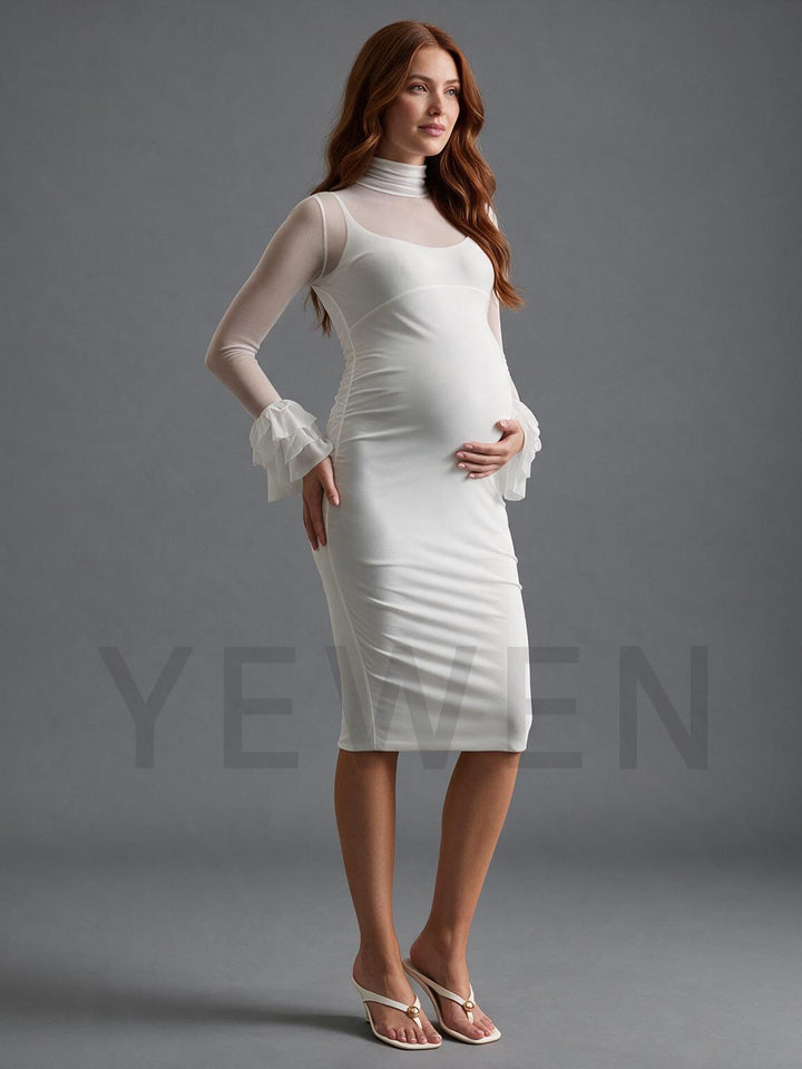 Sheer Mesh Ruffle Sleeve Midi Maternity Dress for Baby Shower YM261013