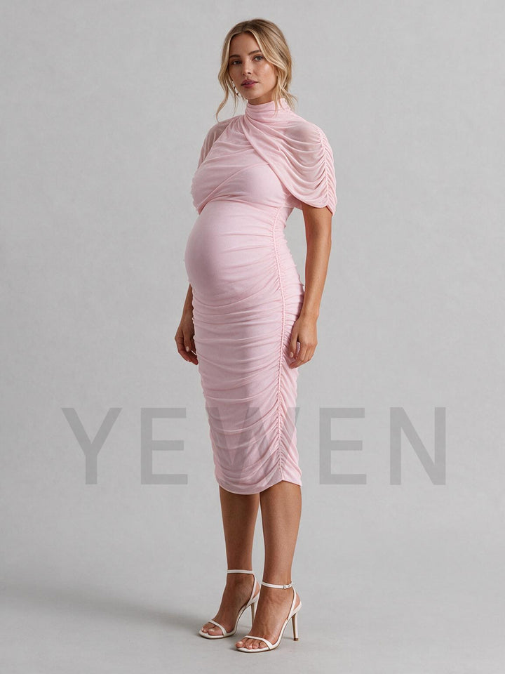High Neck Draped Pearl Seam Fitted Maternity Dress for Baby Shower