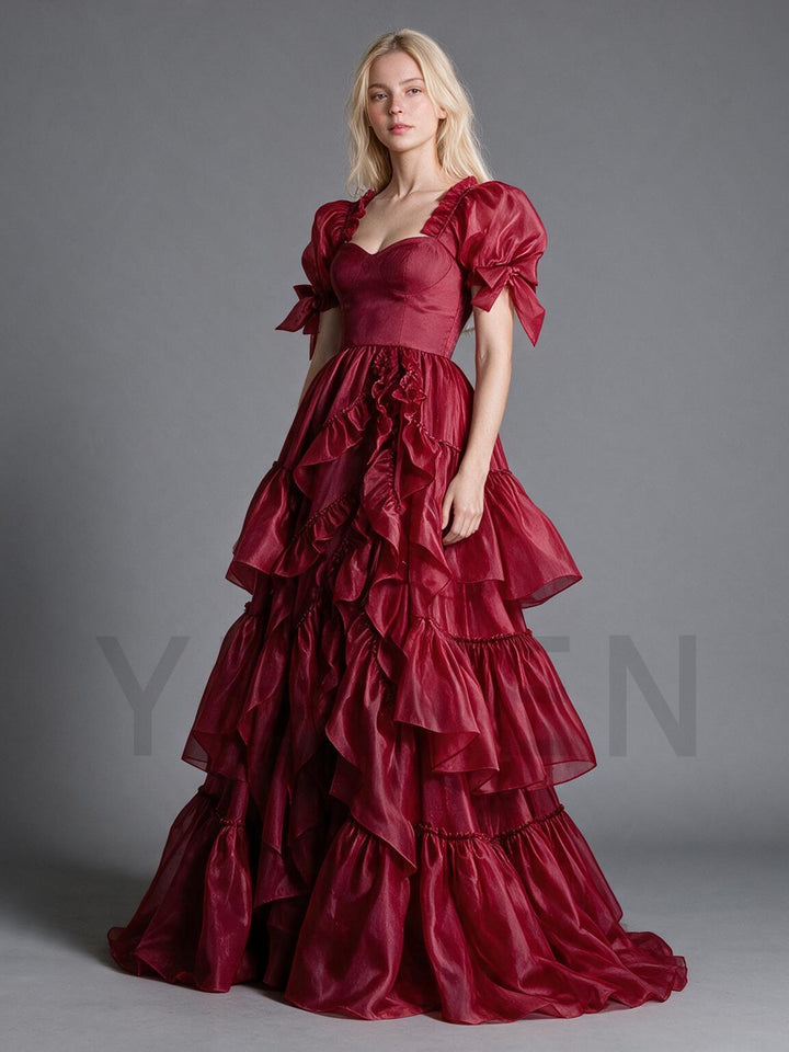 Burgundy Bow Sleeve Corset Tiered Ruffle Christmas Dress YW2610089