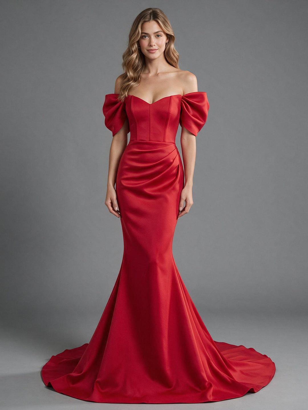 Red Off-Shoulder Puff Sleeve Mermaid Christmas Dress YW2609223
