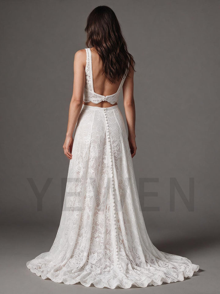 Ivory Two-Piece Floral V-Neck Lace Boho Wedding Dress