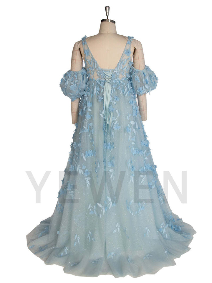 Elegant Glitter Mesh with Appliques Floral Maternity Dress for Baby Shower Blue Maternity Gown YW243138