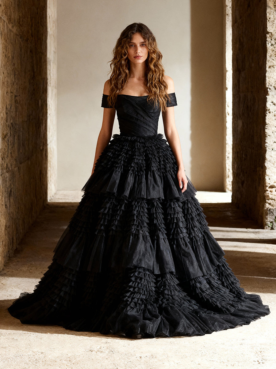 Off The Shoulder Layered Prom Dresses Black Tulle Ruffles Formal Occation Party Dress