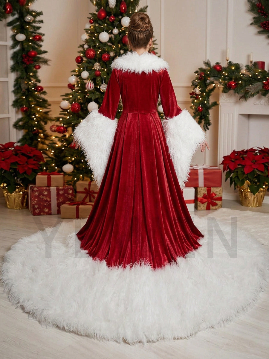 Red Deep V-Neck Open Front Fur Christmas Gown with Long Train YW243135