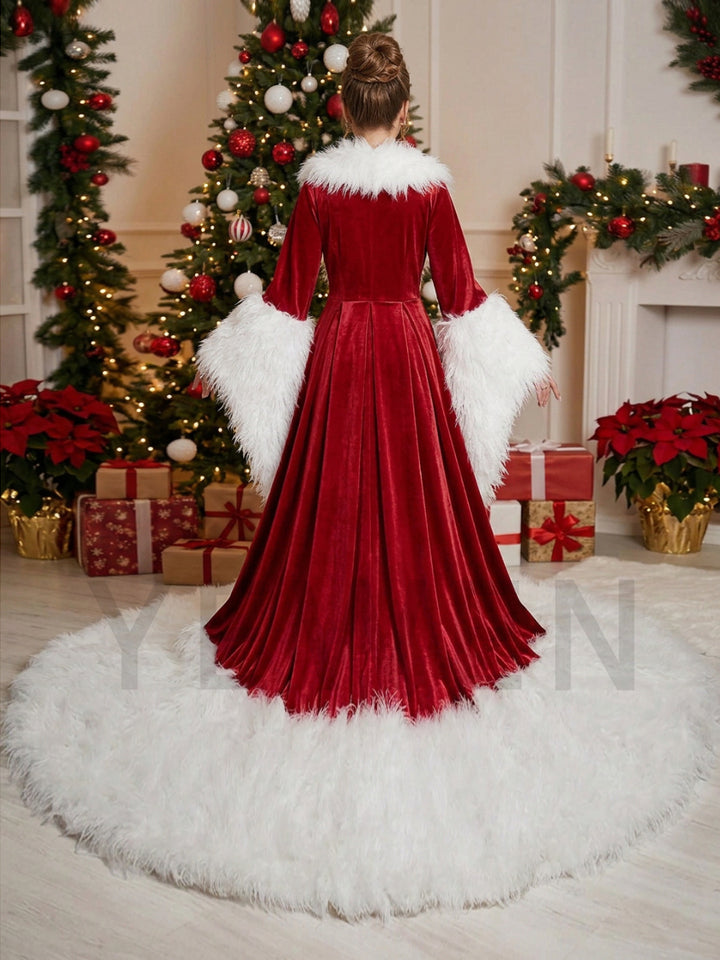 Red Deep V-Neck Open Front Fur Christmas Gown with Long Train YW243135