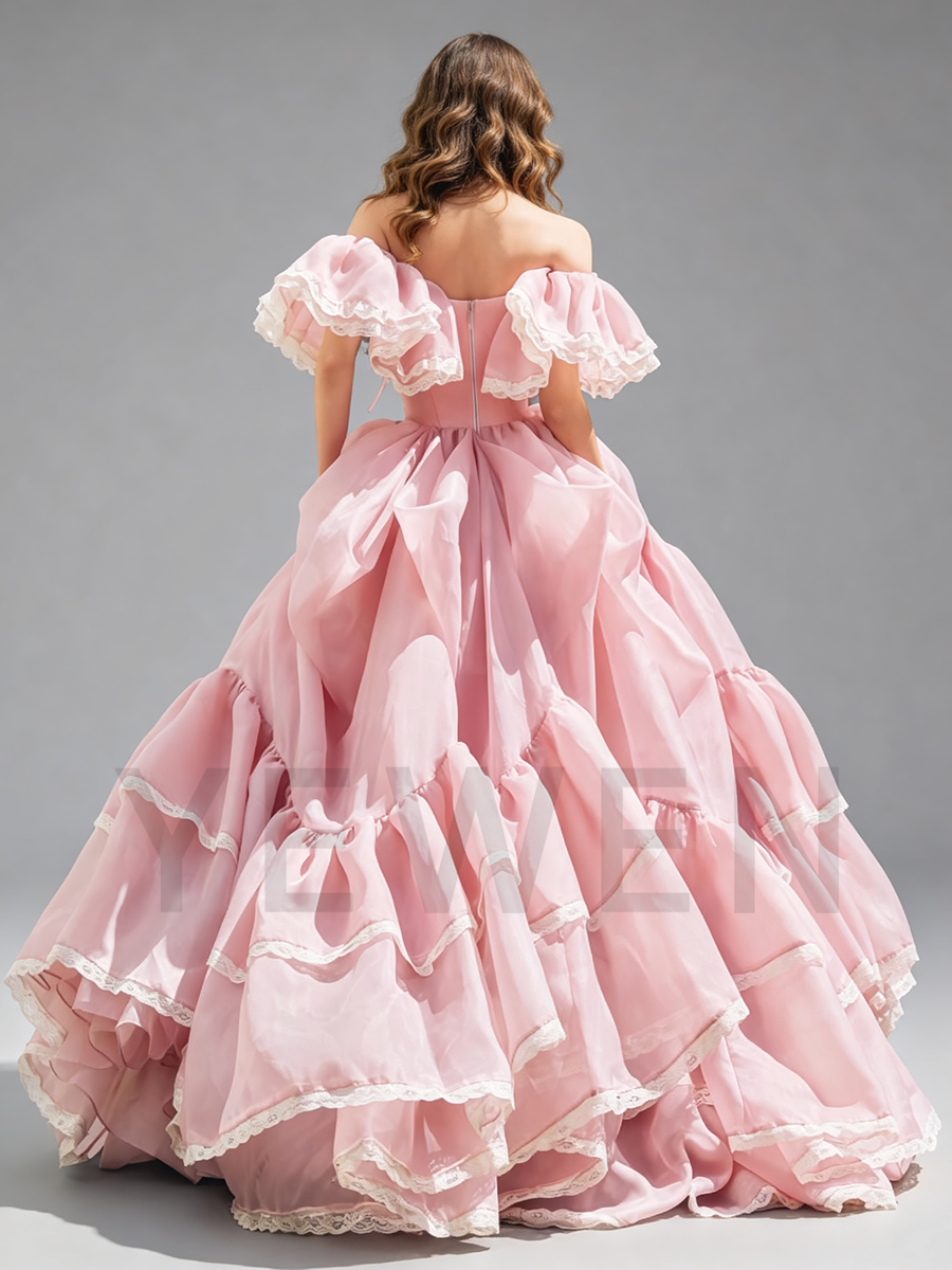 Blush Pink Organza Dress Off-shoulder Corset Gown for Photoshoot Adjustable Train Length