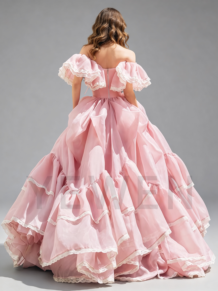 Blush Pink Organza Dress Off-shoulder Corset Gown for Photoshoot Adjustable Train Length
