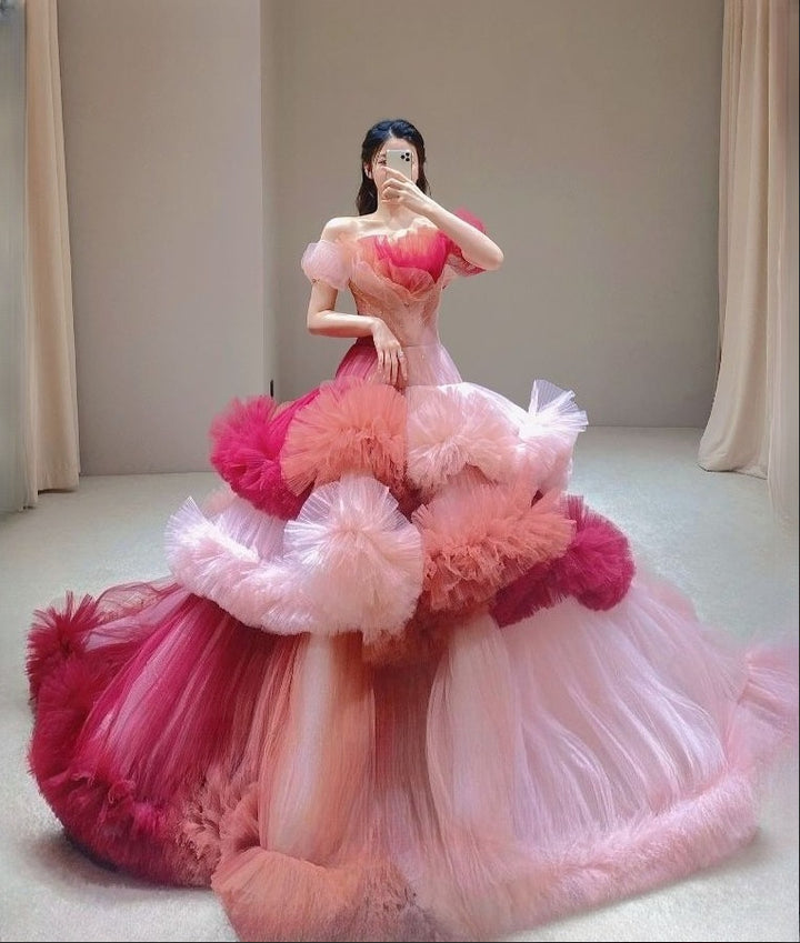 Colored Wedding Dress,Luxurious Dress, Tulle Dress,Big Fluffy Dress with A Train