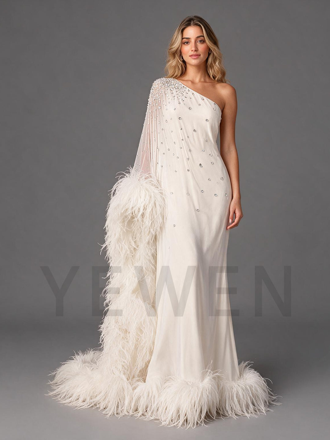 Luxurious One Shoulder Feather Photoshoot Gown Crystal Embellished Bridal Cape Maxi Dress