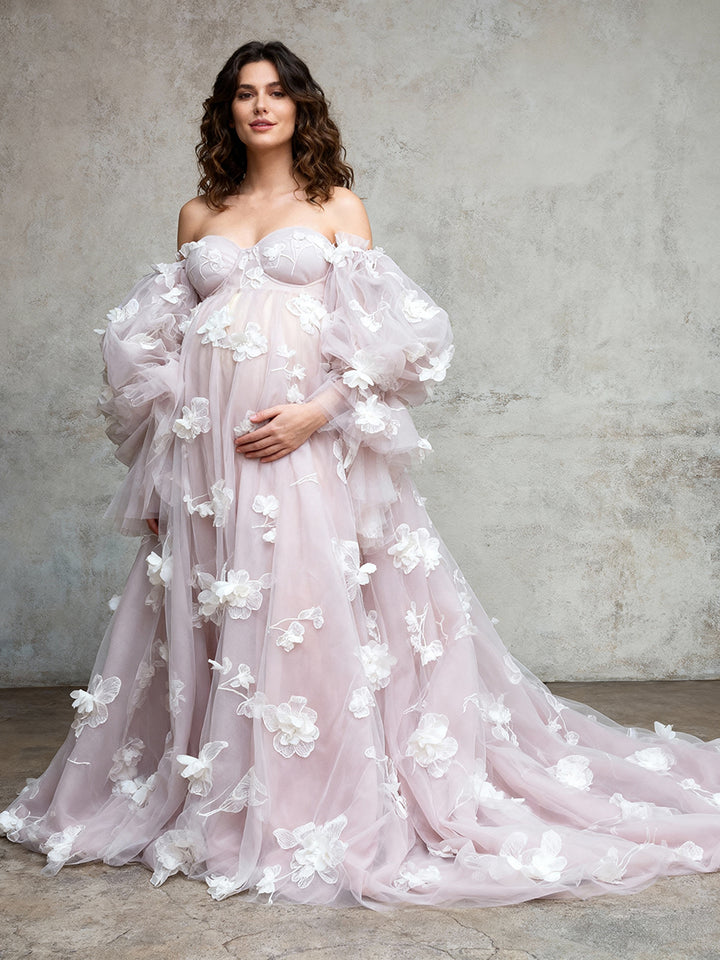 3D Floral Appliques Pregnant women Gown Photography Dress for Baby Shower Front Split