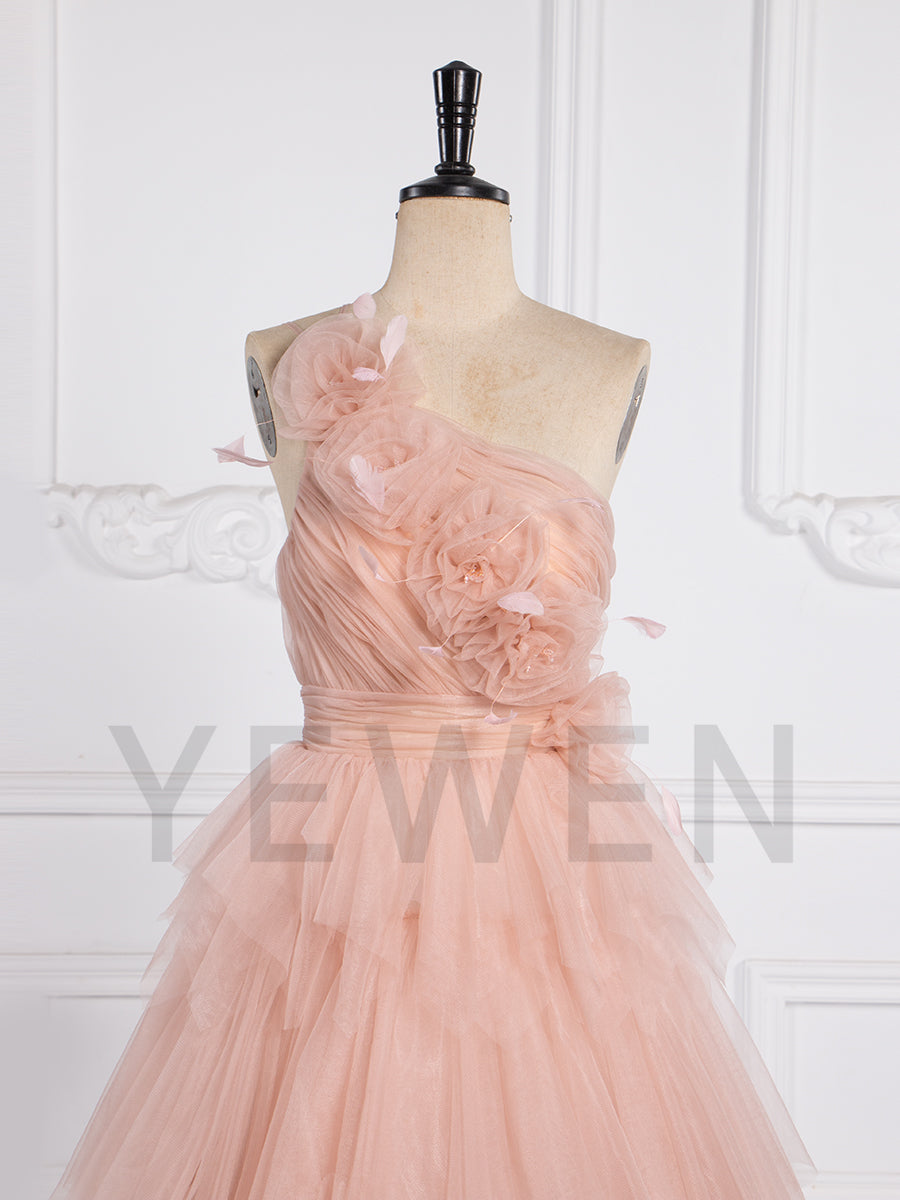 Elegant Prom Dresses for Party One-shoulder with Handmade Flowers Layer Tulle Dress for Event YW250068