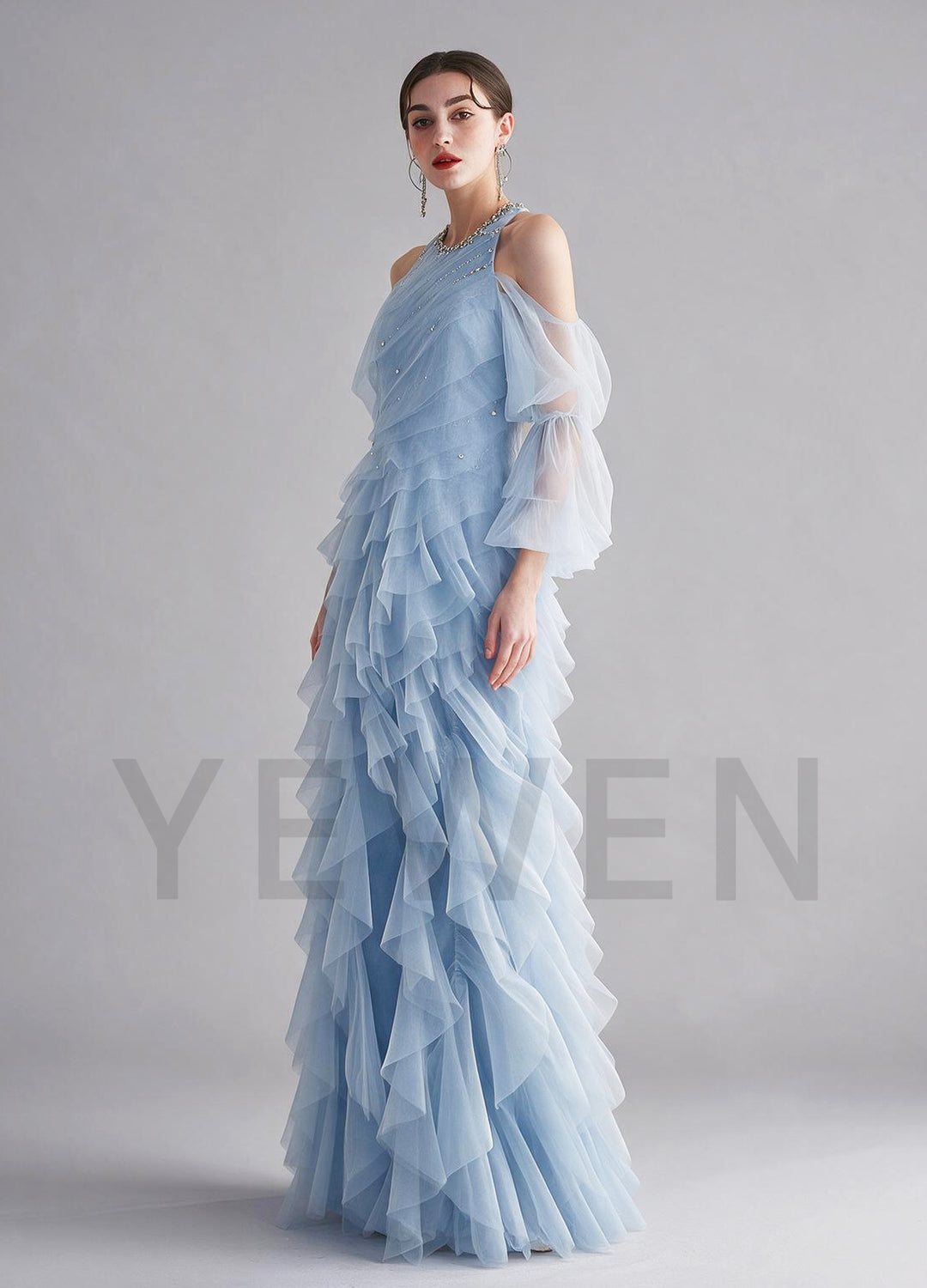 Halter Beaded Neckline Tiered Ruffle Tulle Evening Gown YX005