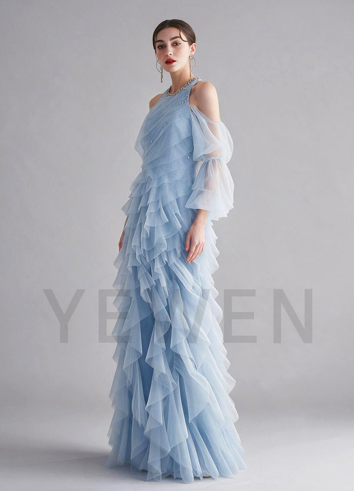 Halter Beaded Neckline Tiered Ruffle Tulle Evening Gown YX005