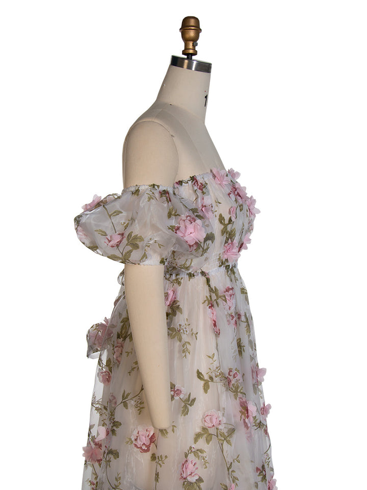 Pink Floral Rose Organza Dress Puff Short Sleeve Photography Dress Client Closet YW240046