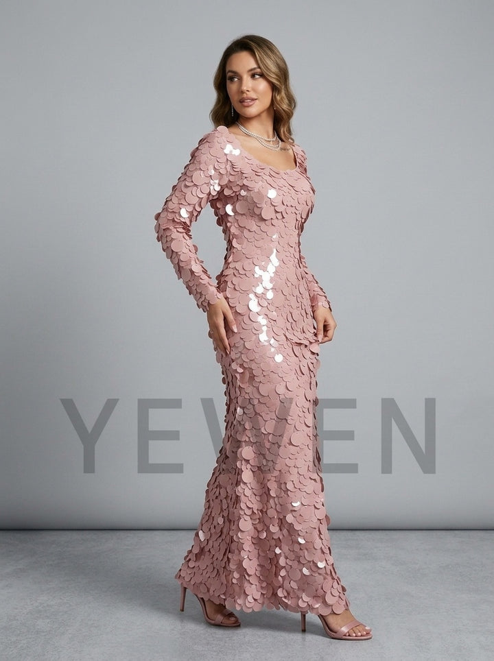 Pink Scoop Neck Big Sequin Long Sleeve Fitted Evening Gown YD261024