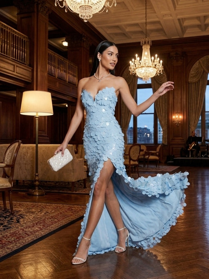 High Slit Fitted Paillette Sequin Strapless Prom Dress YD261025