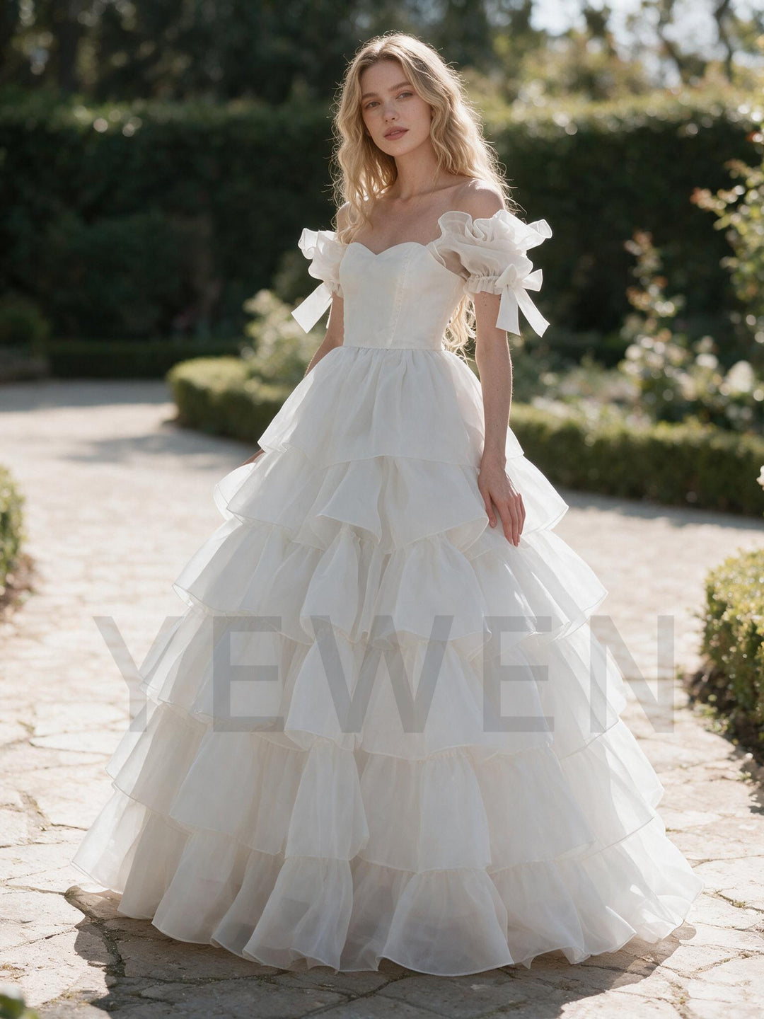 White Off-Shoulder Puff Sleeve Tiered Ruffle Princess Dress YW2610135