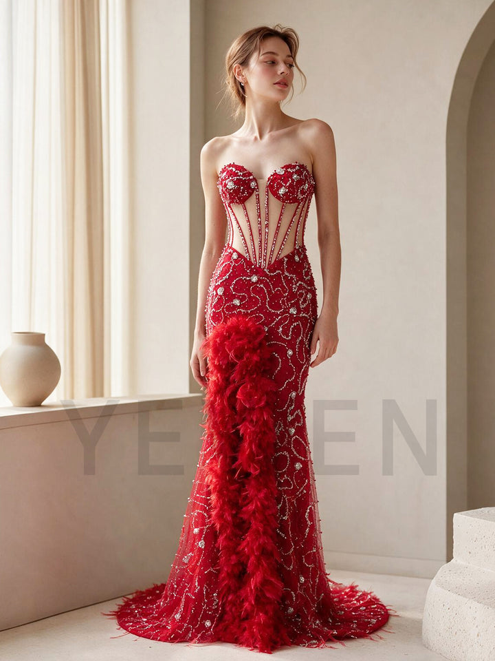 Strapless Sheer Corset Bodice Feather Trim Sequin Evening Gown YX006