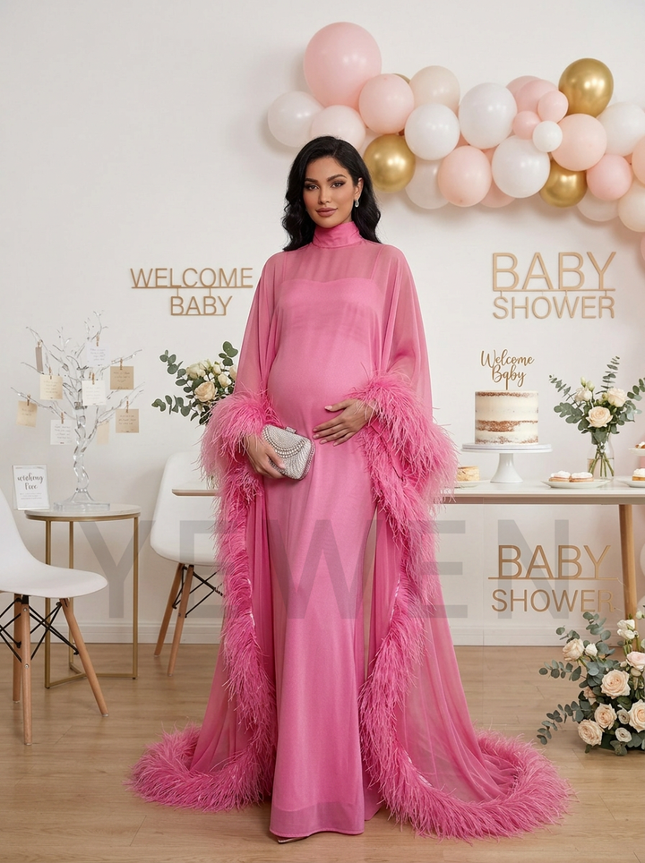 Luxury Ostrich Feather Cape Maternity Baby Shower Dress YD260837