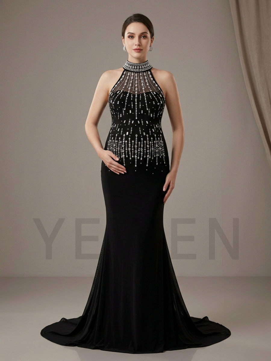 Black High Halter Beaded Mermaid Maternity Photoshoot Gown YD260909