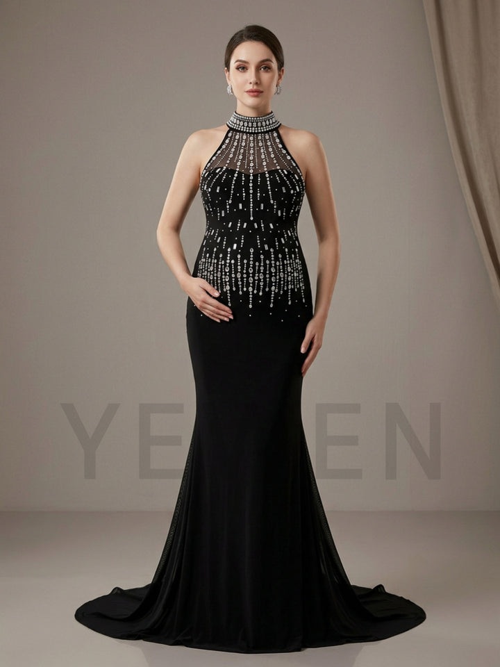 Black High Halter Beaded Mermaid Maternity Photoshoot Gown YD260909