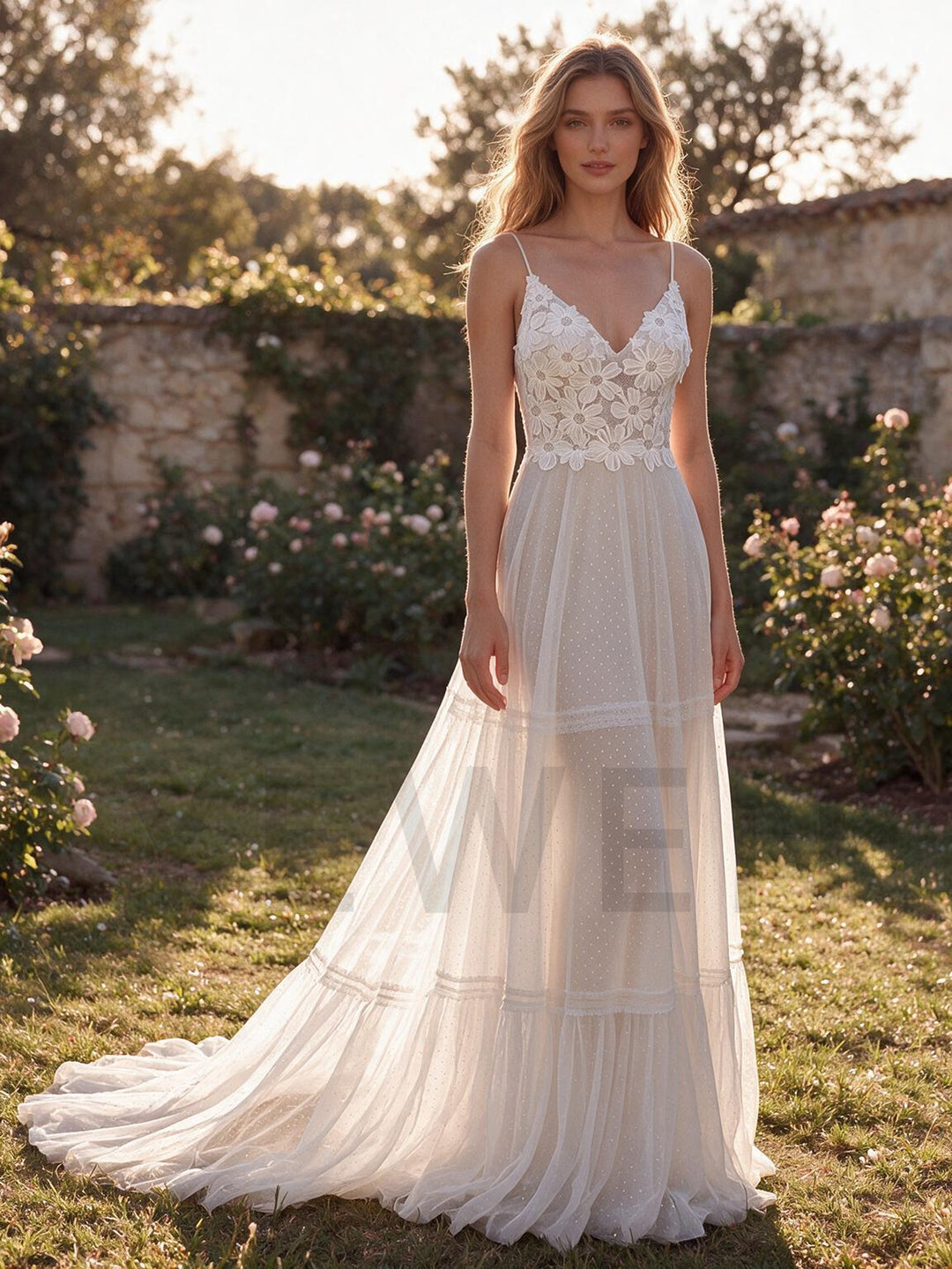 Ivory Spaghetti Strap V-Neck Floral Lace Boho Wedding Dress