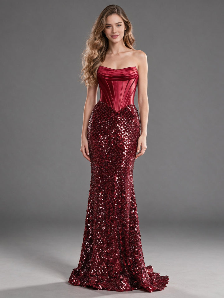 Burgundy Strapless Sequin Mermaid Christmas Dress YW2609222