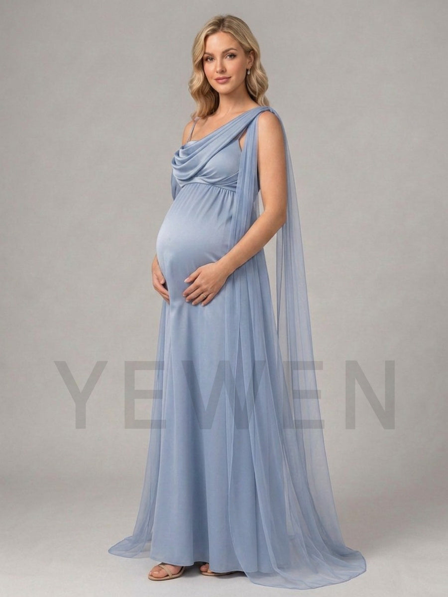 Blue One-Shoulder Maternity Baby Shower Dress with Sheer Cape L-26919