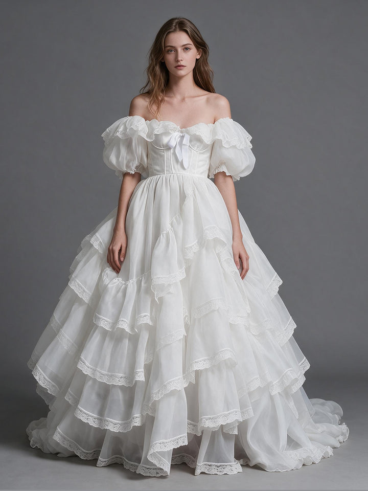 White Puff Sleeve Tiered Ruffle Princess Dress with Bow YW26101410