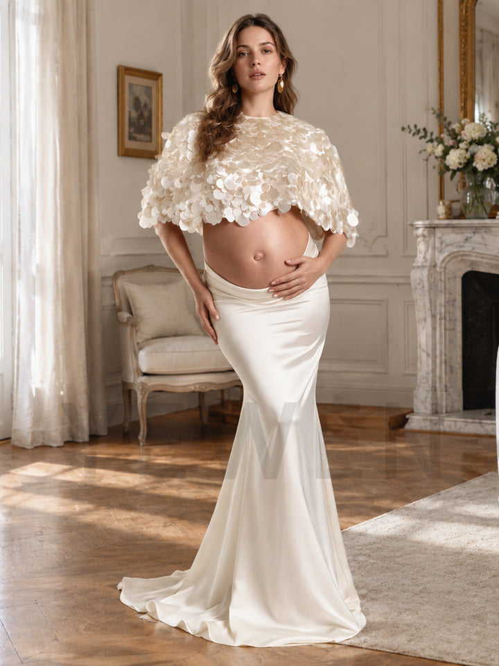 Two-Piece 3D Sequin Cape Mermaid Maternity Baby Shower Dress YW2609251