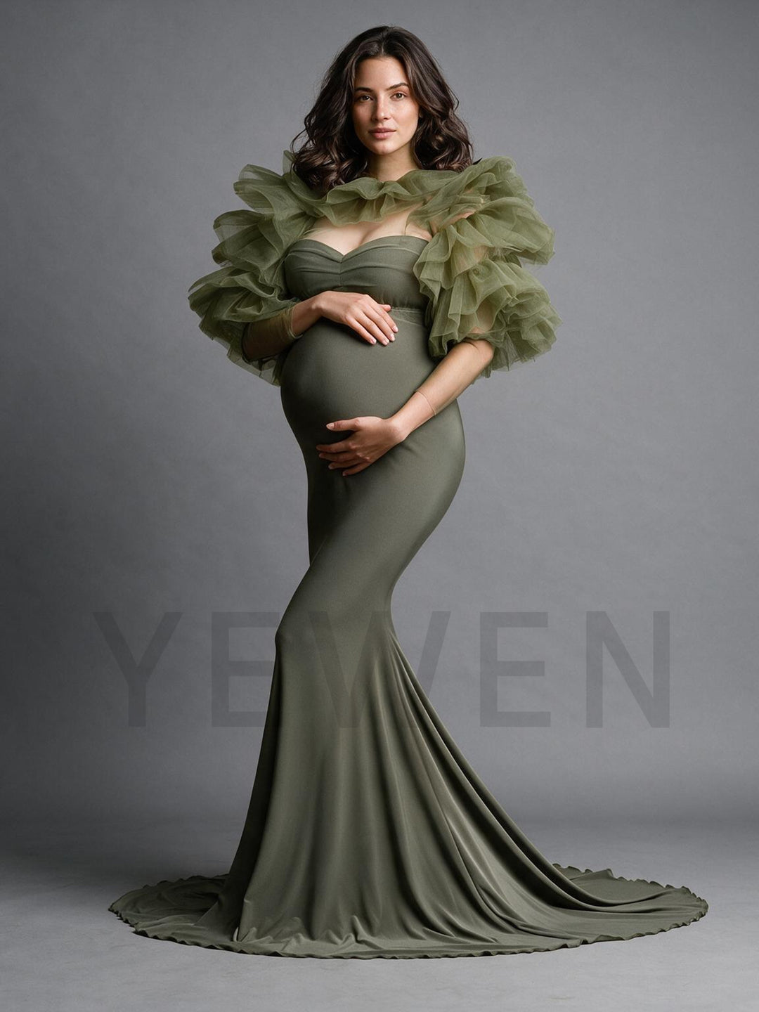 Strapless Ruffle Cape Mermaid Maternity Photoshoot Gown YW2610141