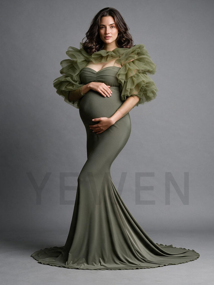 Strapless Ruffle Cape Mermaid Maternity Photoshoot Gown YW2610141