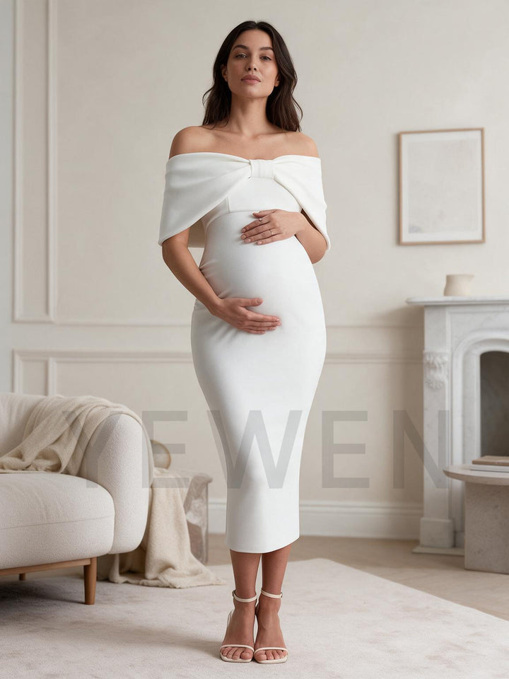 Ivory Off-Shoulder Fold-Over Stretch Maternity Dress for Baby Shower